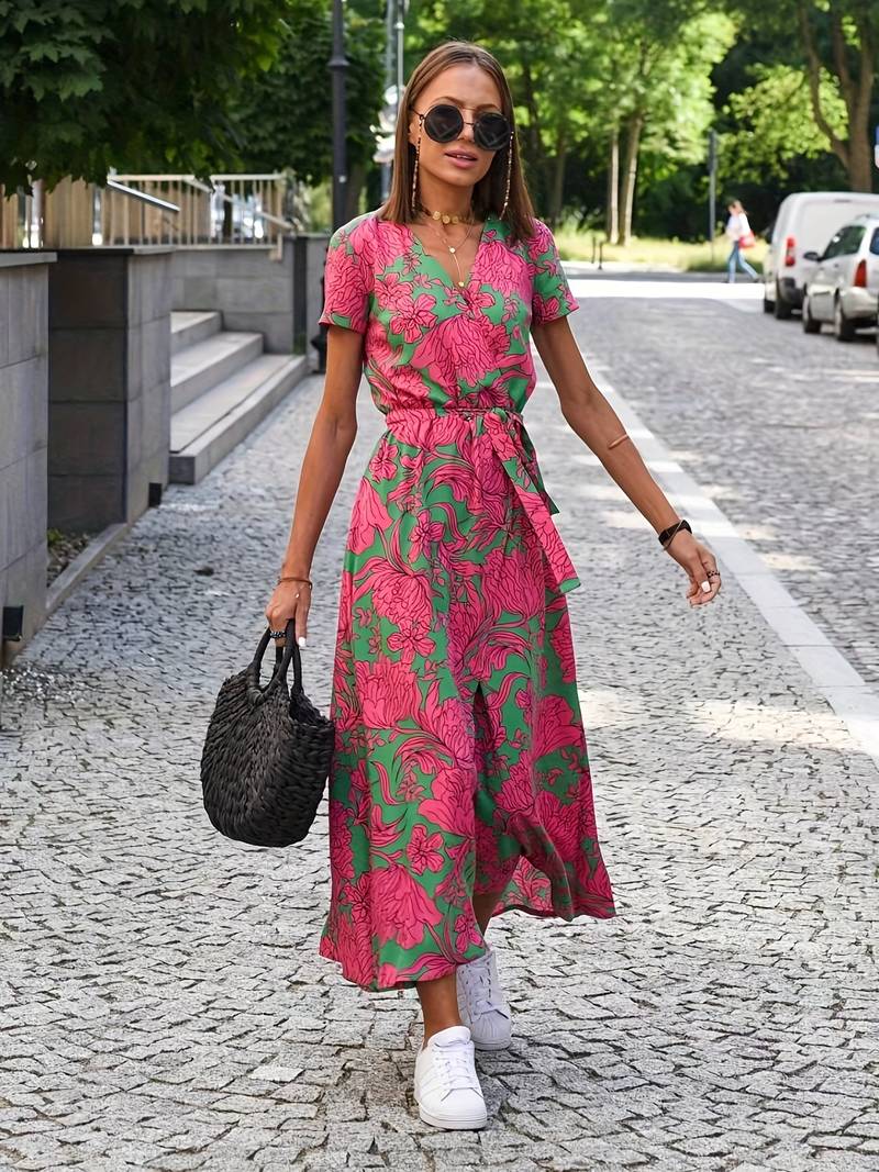 Dazzle - Floral Split Kleid mit Taillenschleife