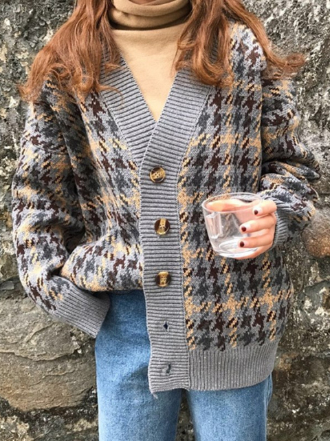 Vina - Karierte Strickjacke mit Knopfleiste