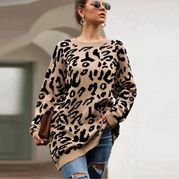 Riza - Langer modischer Leoparden-Pullover